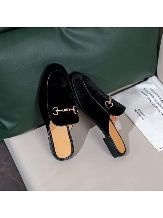 Men\'s Black Rubber Sole Velvet Leather Gold Buckle Slip On Penny Loafer Slippers main image 6